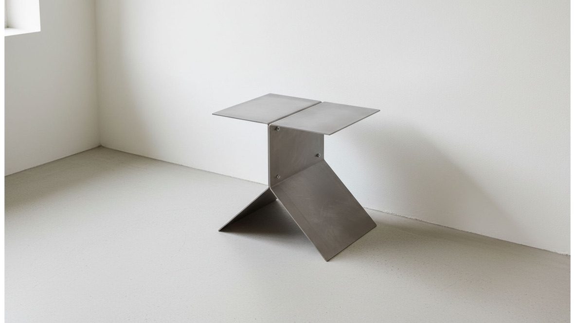 Samara side table — two bent stainless steel sheets in a quiet corner room